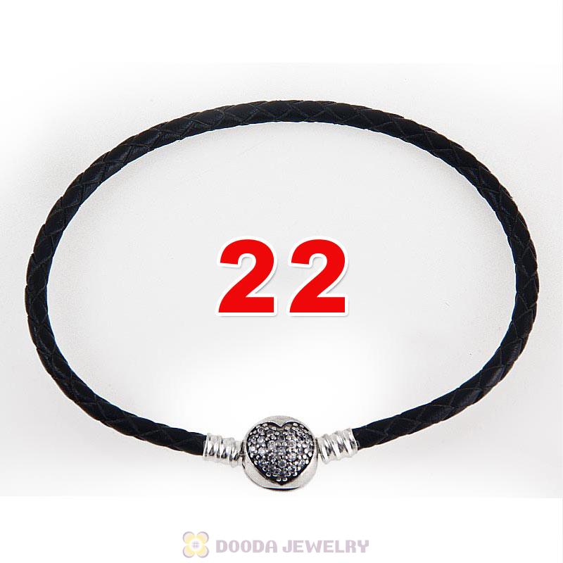 22cm Black Braided Leather Bracelet 925 Silver Love of My Life Round Clip with Heart White CZ Stone