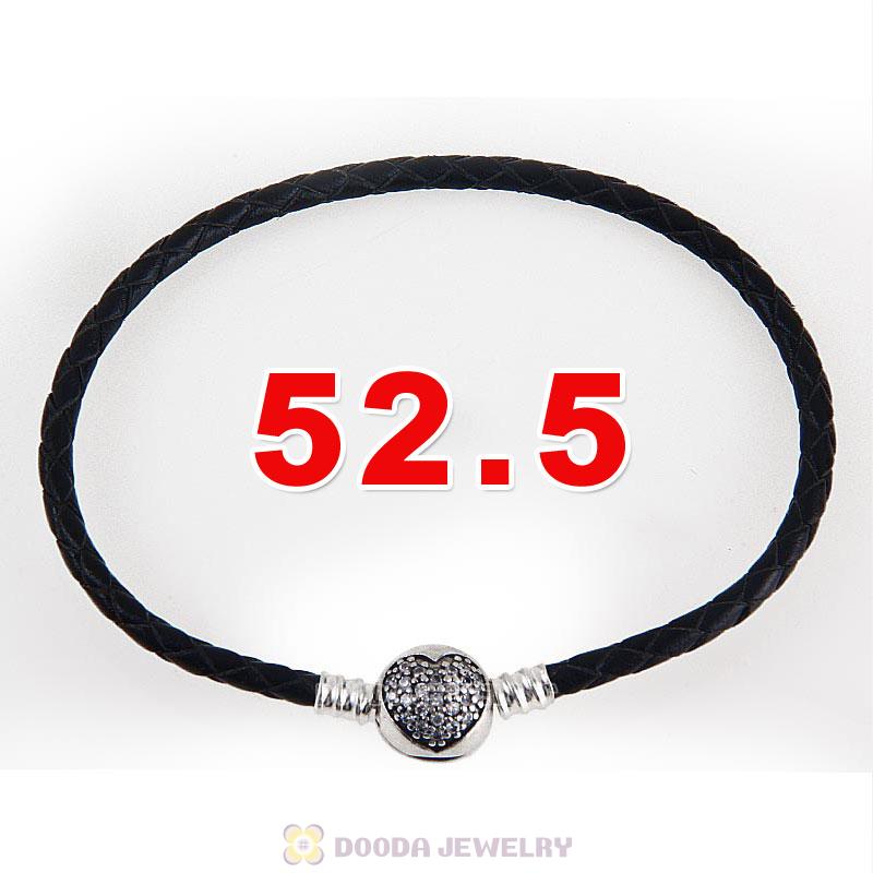 52.5cm Black Braided Leather Triple Bracelet Silver Love of My Life Clip with Heart White CZ Stone