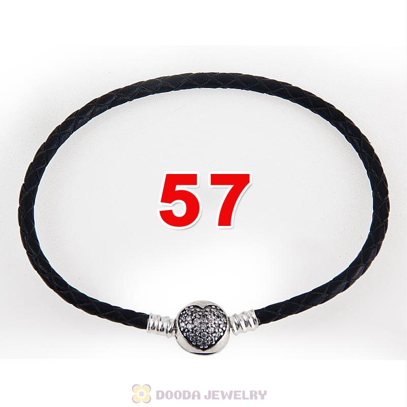 57cm Black Braided Leather Triple Bracelet Silver Love of My Life Clip with Heart White CZ Stone
