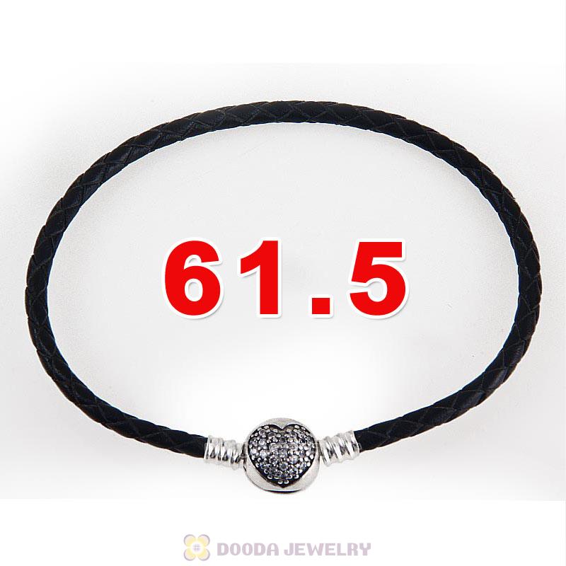 61.5cm Black Braided Leather Triple Bracelet Silver Love of My Life Clip with Heart White CZ Stone