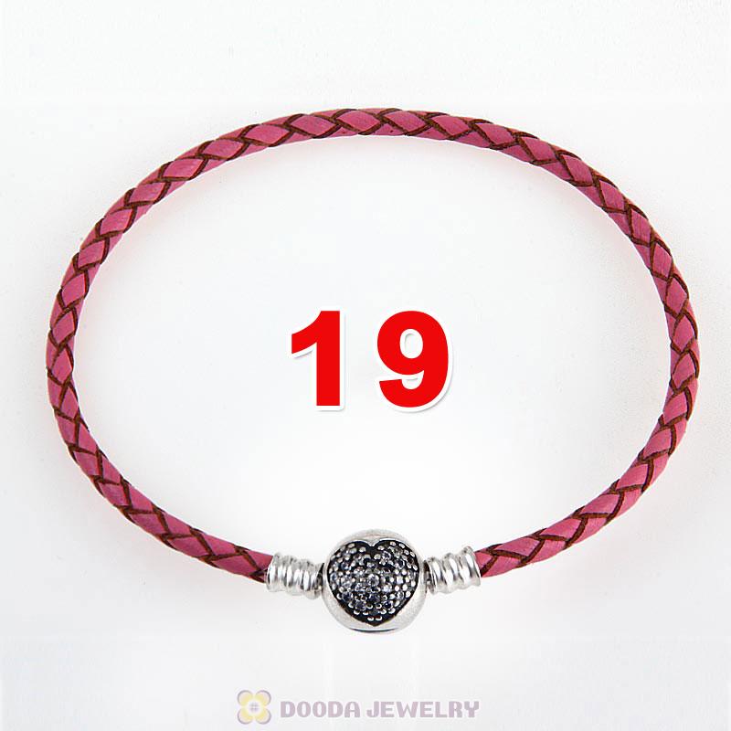 19cm Pink Braided Leather Bracelet 925 Silver Love of My Life Round Clip with Heart White CZ Stone