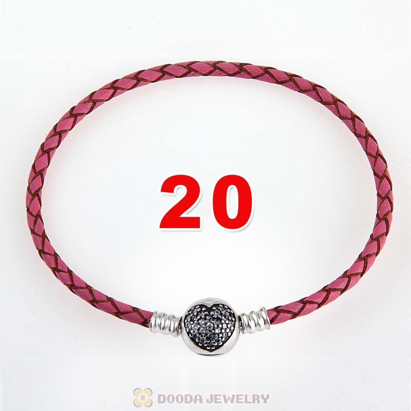 20cm Pink Braided Leather Bracelet 925 Silver Love of My Life Round Clip with Heart White CZ Stone