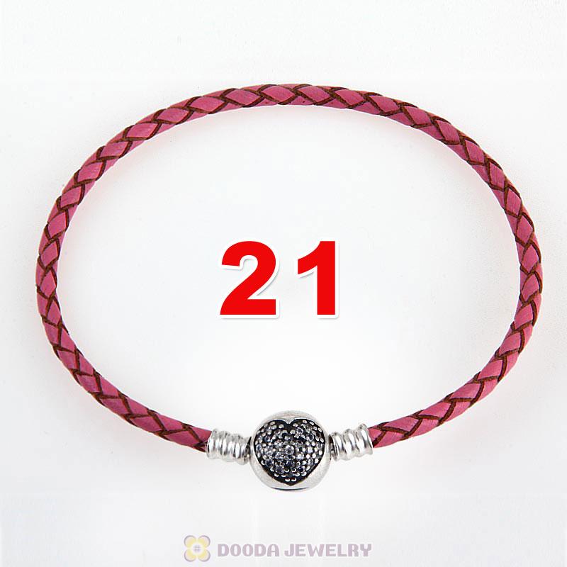 21cm Pink Braided Leather Bracelet 925 Silver Love of My Life Round Clip with Heart White CZ Stone