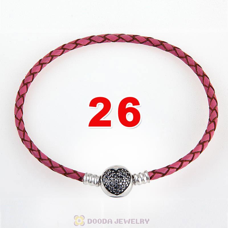 26cm Pink Braided Leather Bracelet 925 Silver Love of My Life Round Clip with Heart White CZ Stone