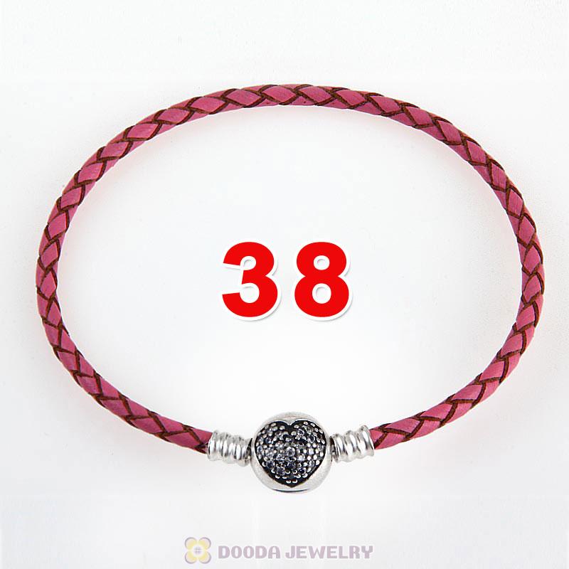 38cm Pink Braided Leather Double Bracelet Silver Love of My Life Clip with Heart White CZ Stone