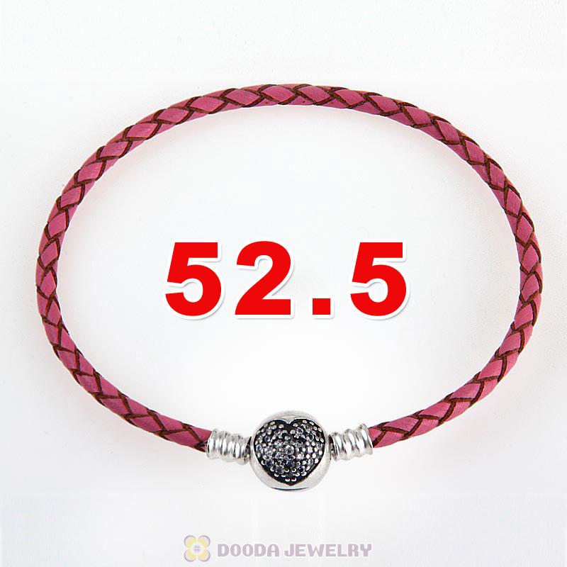 52.5cm Pink Braided Leather Triple Bracelet Silver Love of My Life Clip with Heart White CZ Stone