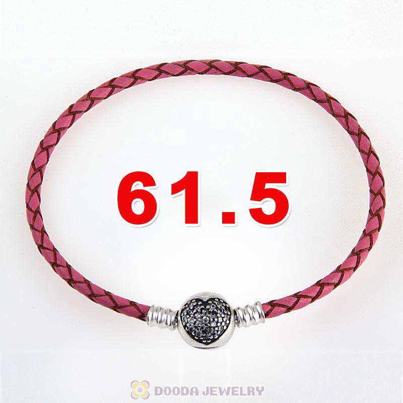61.5cm Pink Braided Leather Triple Bracelet Silver Love of My Life Clip with Heart White CZ Stone