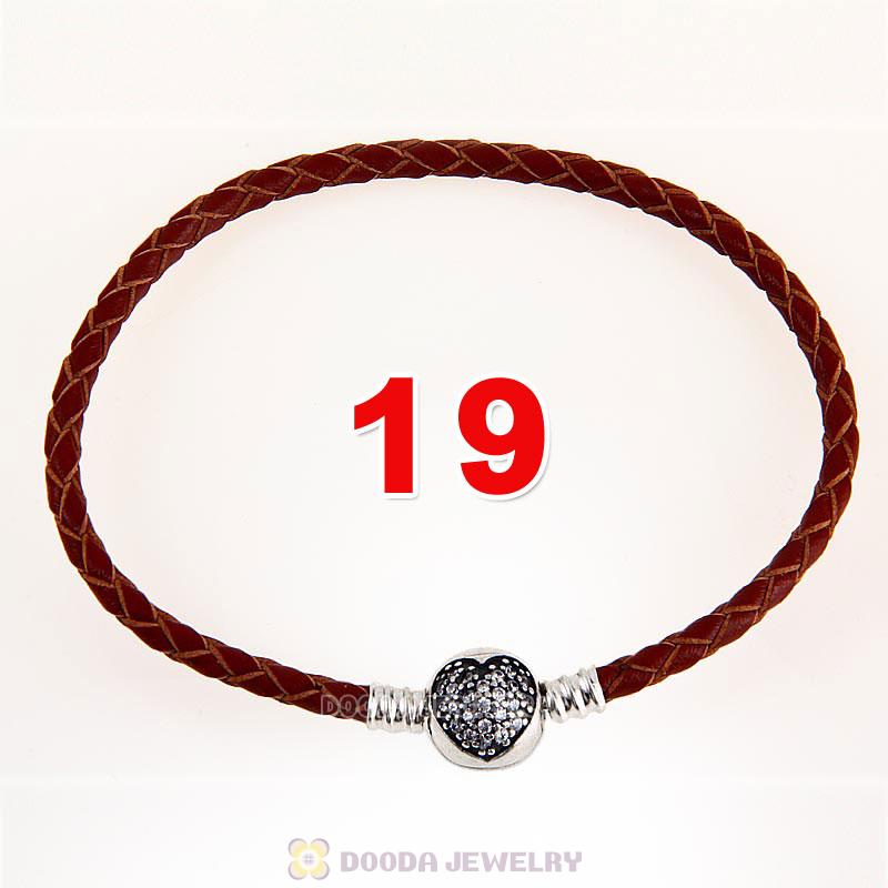 19cm Brown Braided Leather Bracelet 925 Silver Love of My Life Round Clip with Heart White CZ Stone