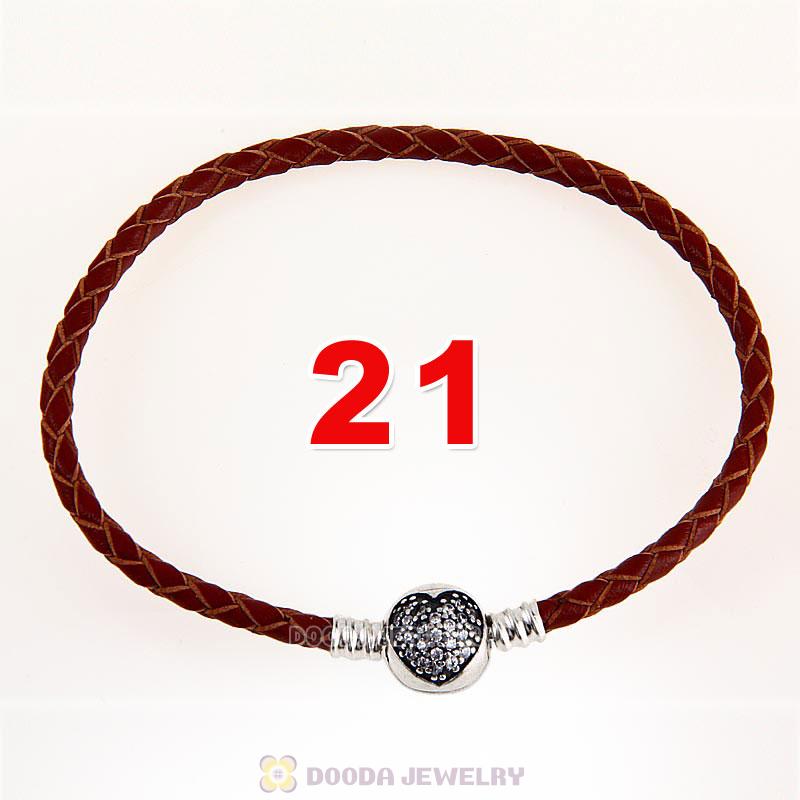 21cm Brown Braided Leather Bracelet 925 Silver Love of My Life Round Clip with Heart White CZ Stone