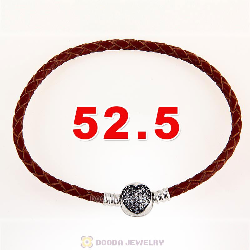 52.5cm Brown Braided Leather Triple Bracelet Silver Love of My Life Clip with Heart White CZ Stone