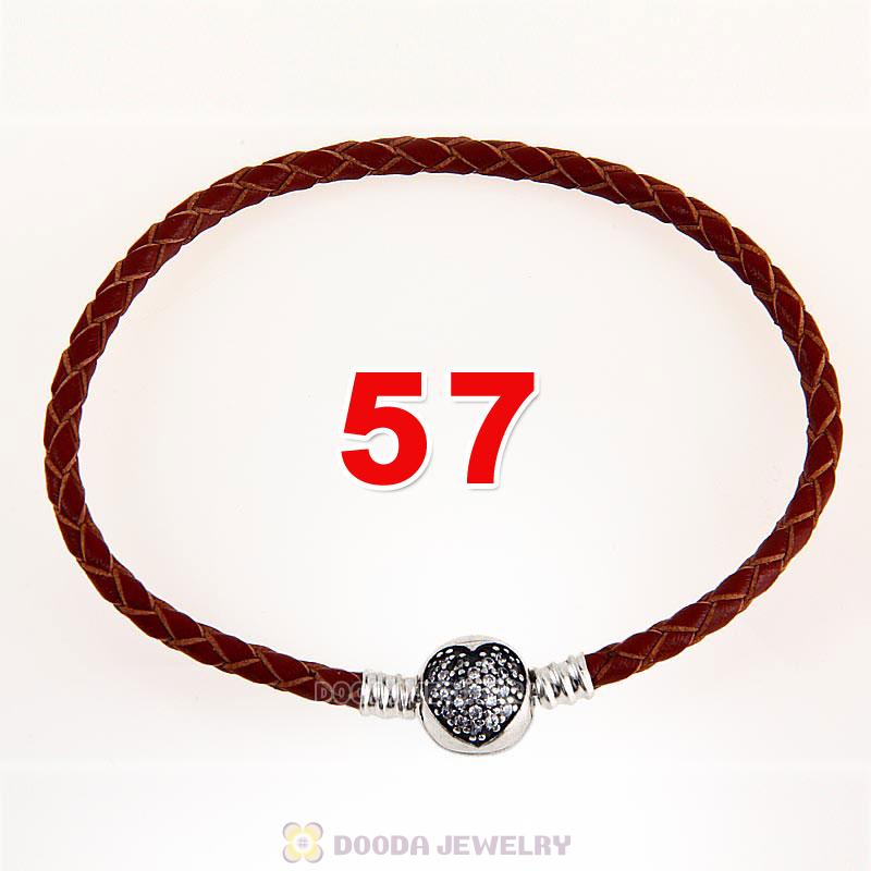 57cm Brown Braided Leather Triple Bracelet Silver Love of My Life Clip with Heart White CZ Stone