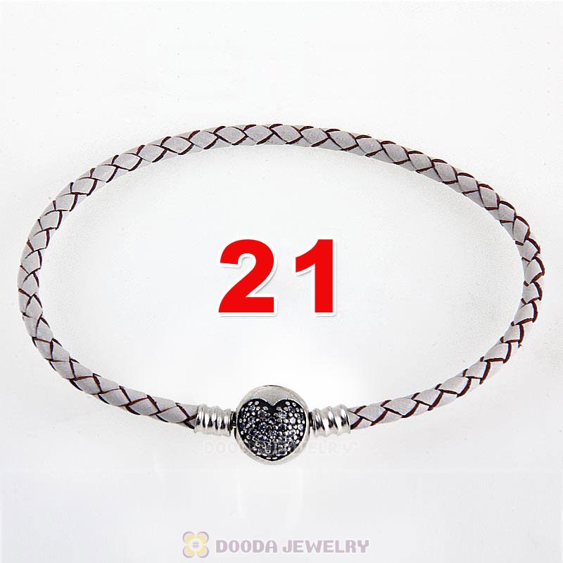21cm White Braided Leather Bracelet 925 Silver Love of My Life Round Clip with Heart White CZ Stone
