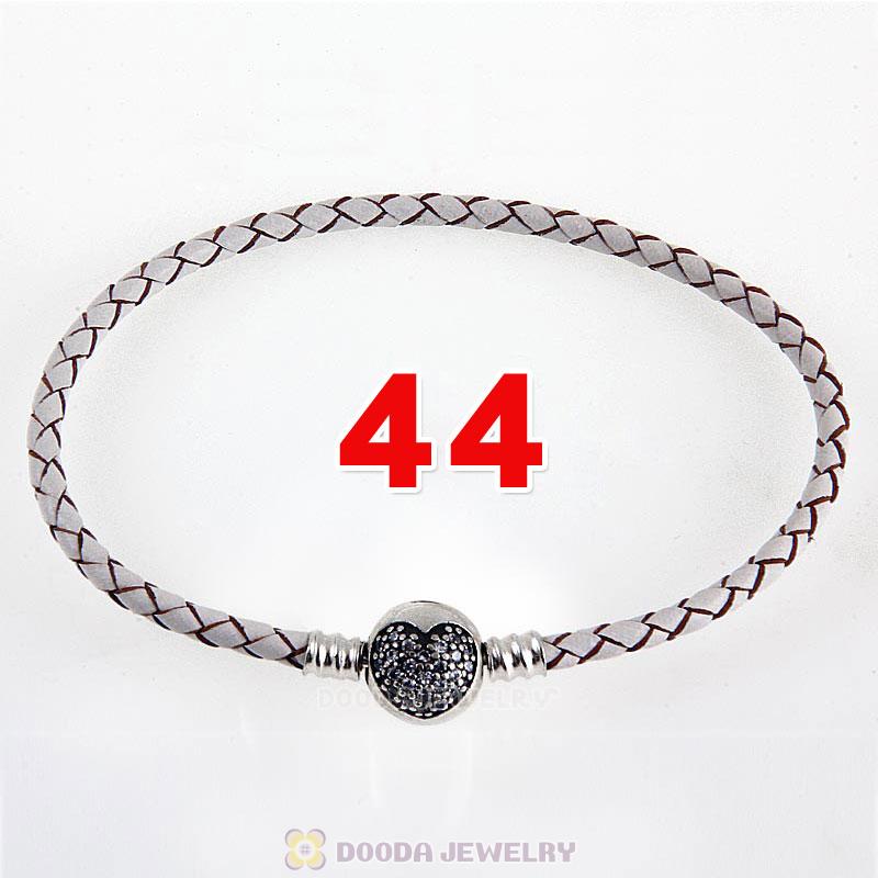 44cm White Braided Leather Double Bracelet Silver Love of My Life Clip with Heart White CZ Stone