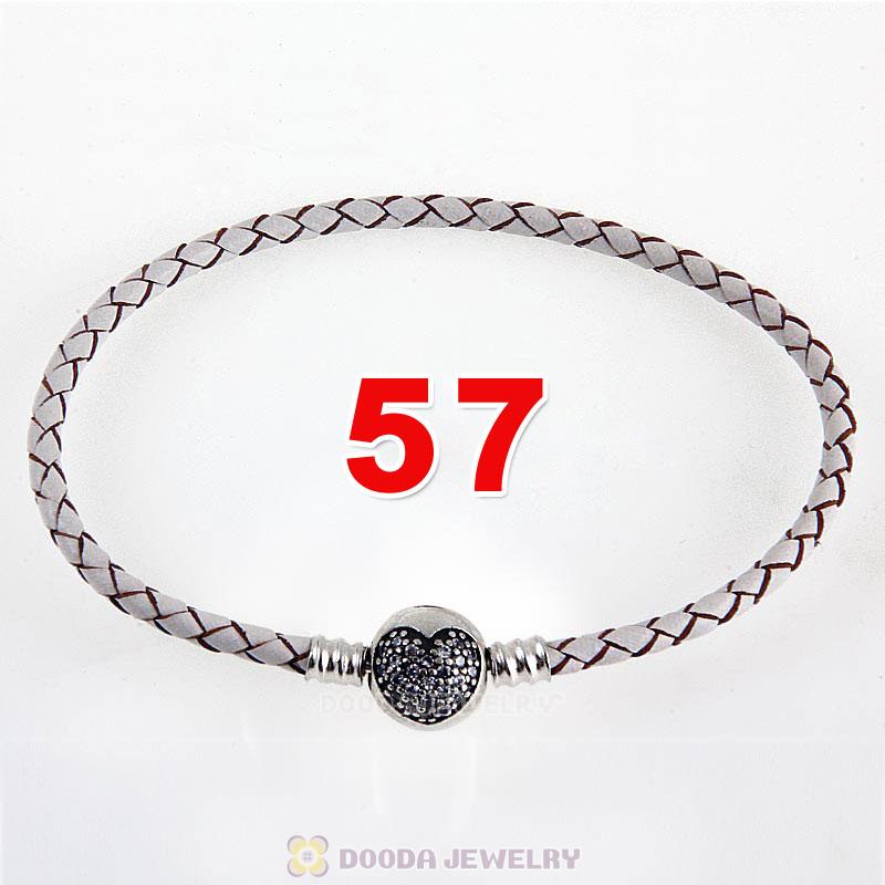57cm White Braided Leather Triple Bracelet Silver Love of My Life Clip with Heart White CZ Stone