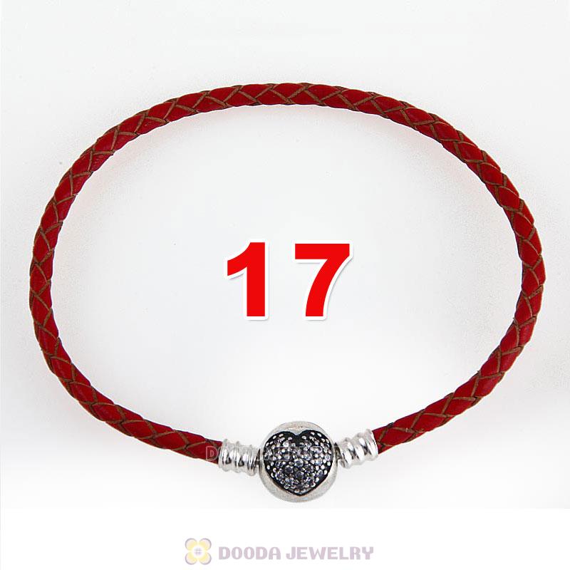 17cm Red Braided Leather Bracelet 925 Silver Love of My Life Round Clip with Heart White CZ Stone