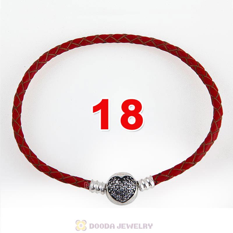18cm Red Braided Leather Bracelet 925 Silver Love of My Life Round Clip with Heart White CZ Stone