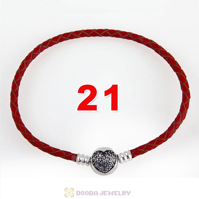 21cm Red Braided Leather Bracelet 925 Silver Love of My Life Round Clip with Heart White CZ Stone