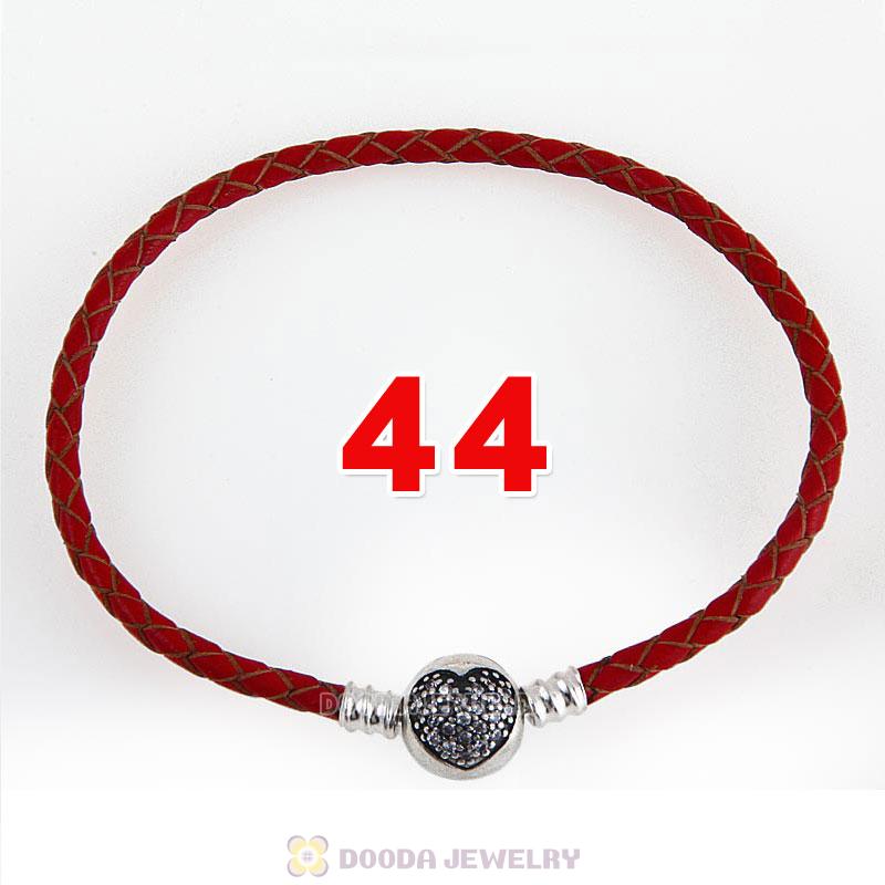 44cm Red Braided Leather Double Bracelet Silver Love of My Life Clip with Heart White CZ Stone