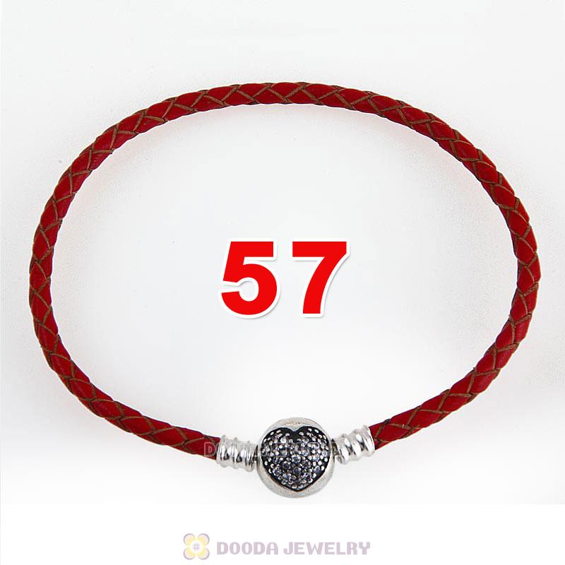 57cm Red Braided Leather Triple Bracelet Silver Love of My Life Clip with Heart White CZ Stone