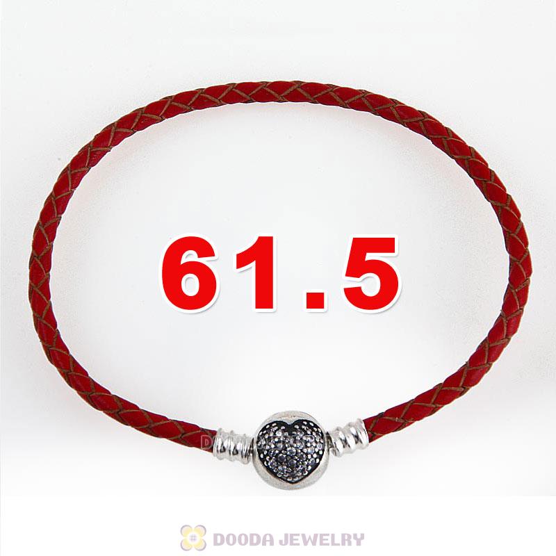 61.5cm Red Braided Leather Triple Bracelet Silver Love of My Life Clip with Heart White CZ Stone