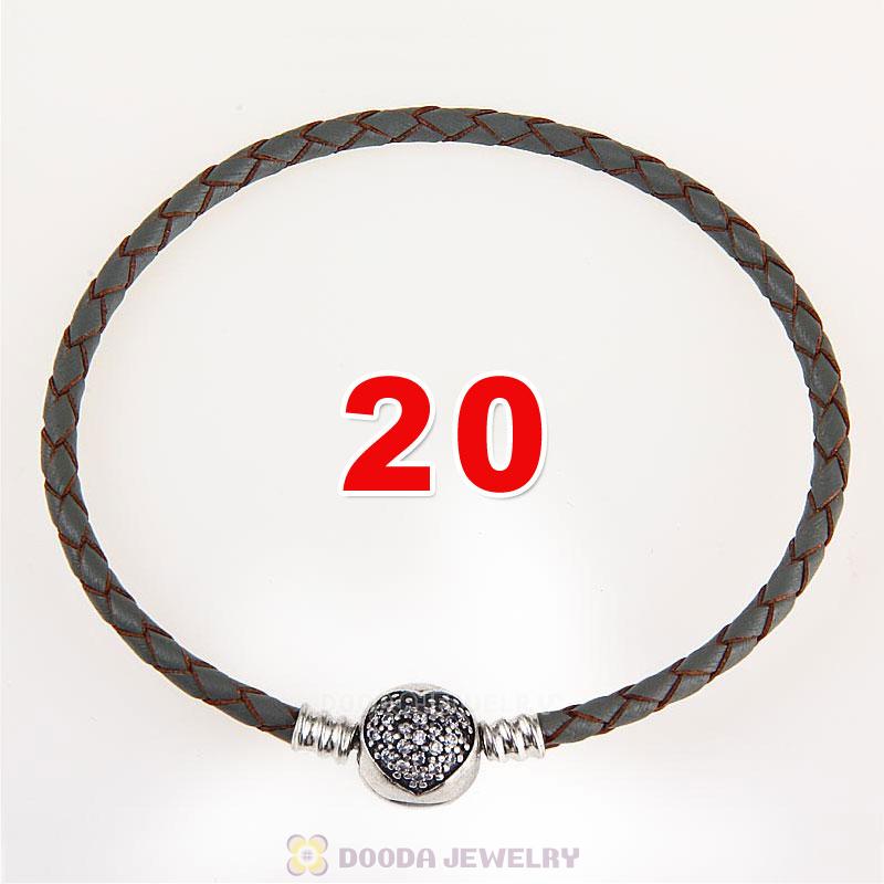 20cm Grey Braided Leather Bracelet 925 Silver Love of My Life Round Clip with Heart White CZ Stone