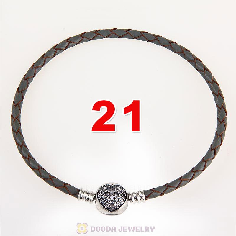 21cm Grey Braided Leather Bracelet 925 Silver Love of My Life Round Clip with Heart White CZ Stone