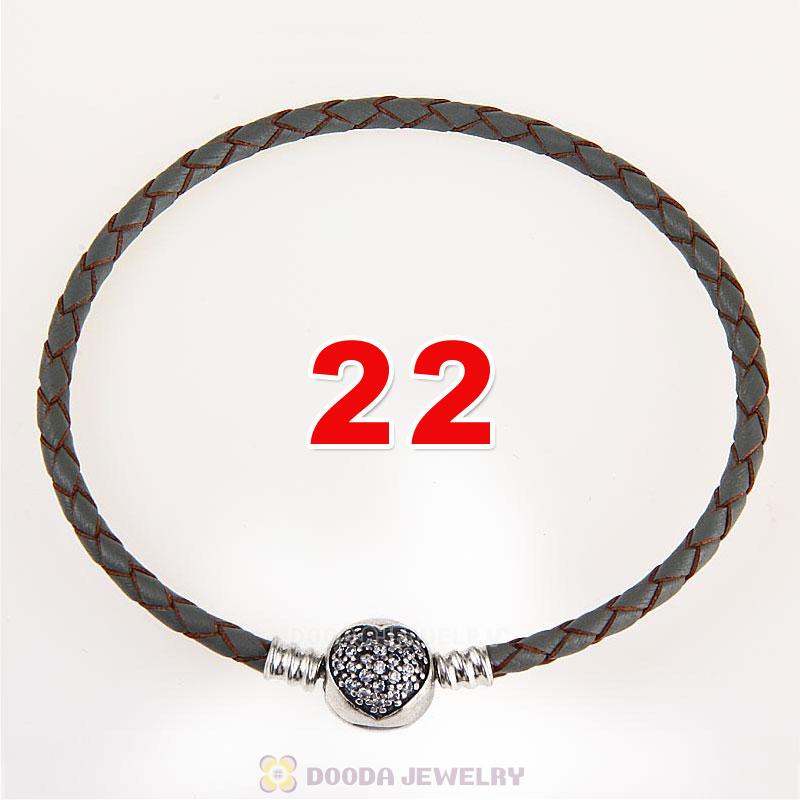 22cm Grey Braided Leather Bracelet 925 Silver Love of My Life Round Clip with Heart White CZ Stone