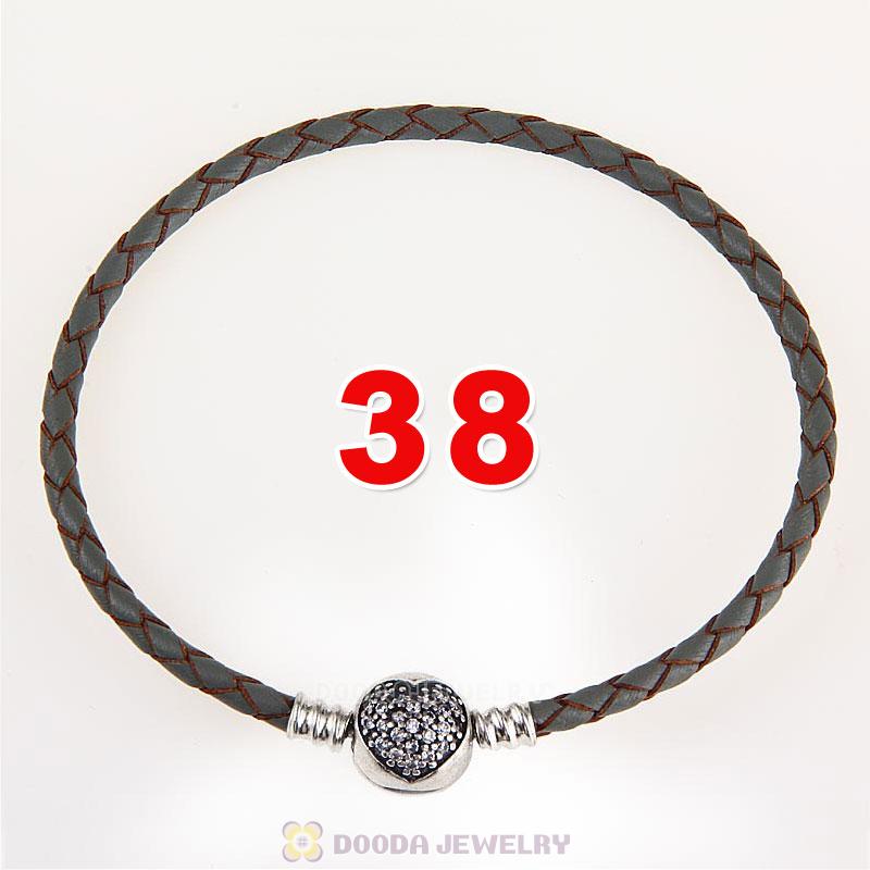 38cm Grey Braided Leather Double Bracelet Silver Love of My Life Clip with Heart White CZ Stone