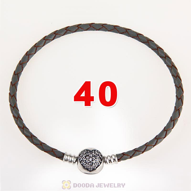 40cm Grey Braided Leather Double Bracelet Silver Love of My Life Clip with Heart White CZ Stone