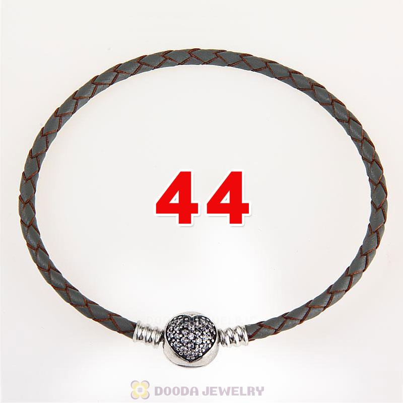 44cm Grey Braided Leather Double Bracelet Silver Love of My Life Clip with Heart White CZ Stone