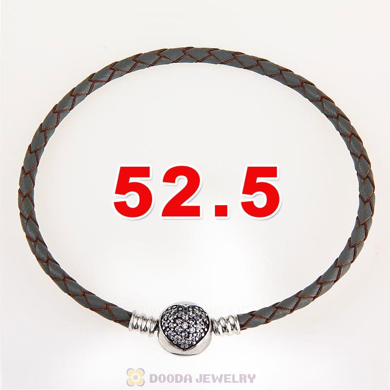 52.5cm Grey Braided Leather Triple Bracelet Silver Love of My Life Clip with Heart White CZ Stone