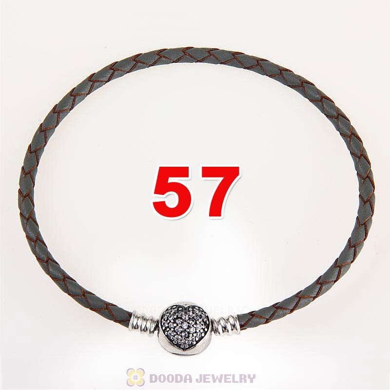 57cm Grey Braided Leather Triple Bracelet Silver Love of My Life Clip with Heart White CZ Stone