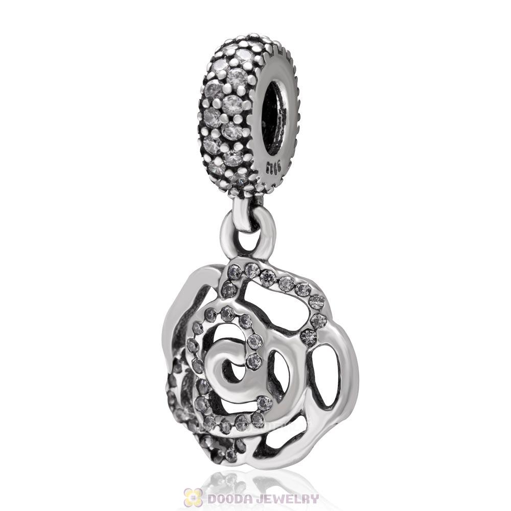 925 Sterling Silver Rose Flower Dangle Charm with Clear Zircon Stone