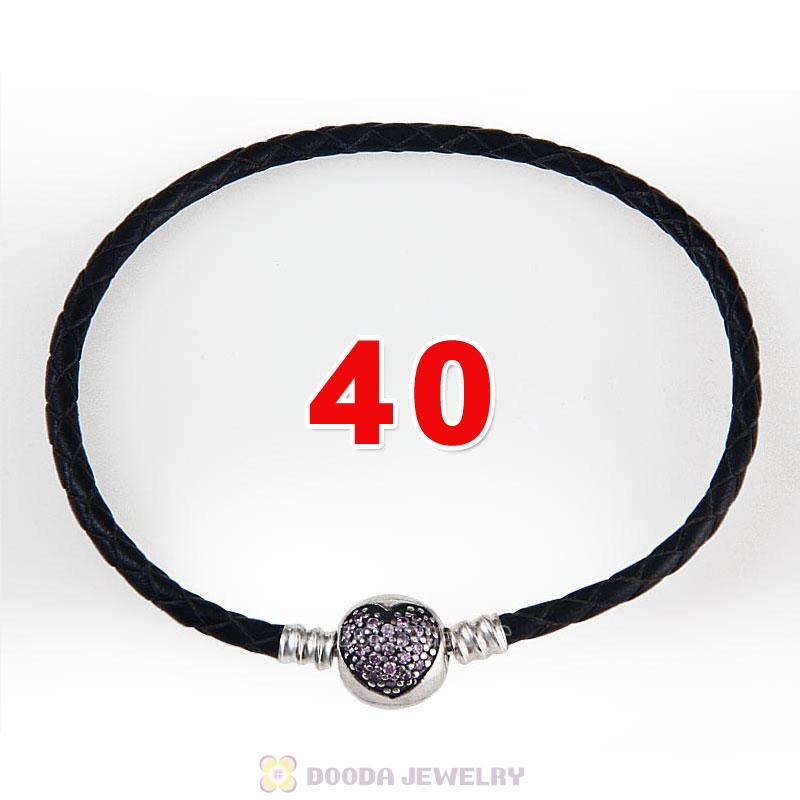 40cm Black Braided Leather Double Bracelet Silver Love of My Life Clip with Heart Pink CZ Stone