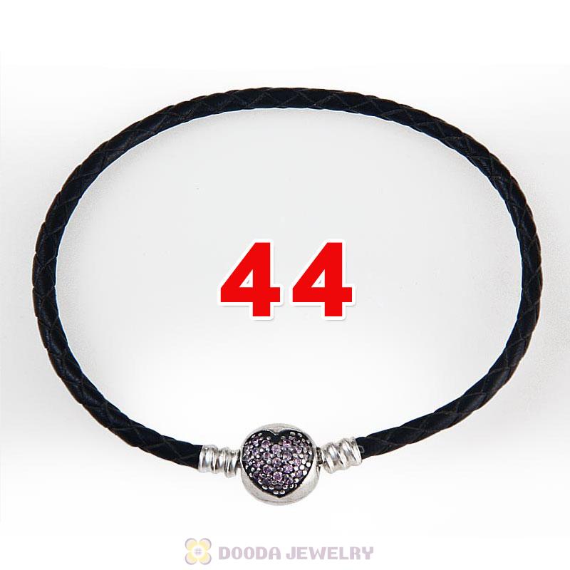 44cm Black Braided Leather Double Bracelet Silver Love of My Life Clip with Heart Pink CZ Stone