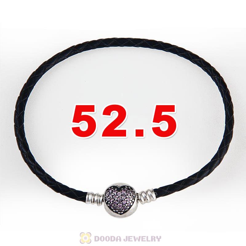 52.5cm Black Braided Leather Triple Bracelet Silver Love of My Life Clip with Heart Pink CZ Stone