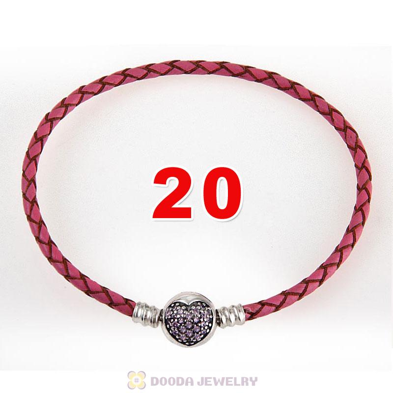 20cm Pink Braided Leather Bracelet 925 Silver Love of My Life Round Clip with Heart Pink CZ Stone