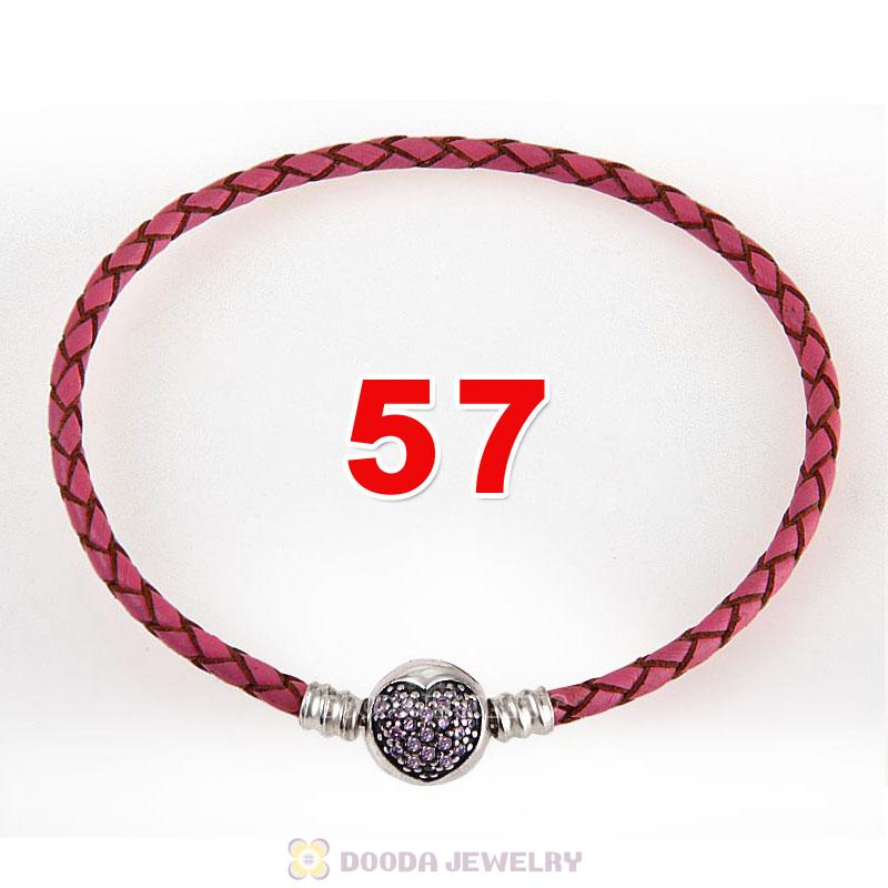 57cm Pink Braided Leather Triple Bracelet Silver Love of My Life Clip with Heart Pink CZ Stone