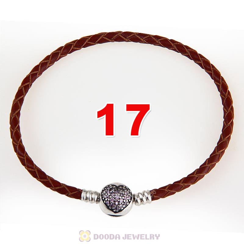 17cm Brown Braided Leather Bracelet 925 Silver Love of My Life Round Clip with Heart Pink CZ Stone