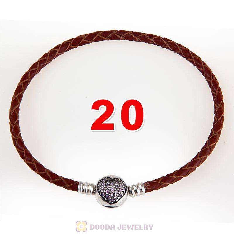 20cm Brown Braided Leather Bracelet 925 Silver Love of My Life Round Clip with Heart Pink CZ Stone
