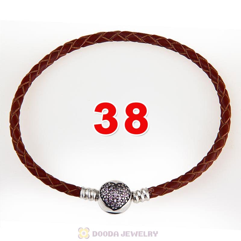 38cm Brown Braided Leather Double Bracelet Silver Love of My Life Clip with Heart Pink CZ Stone
