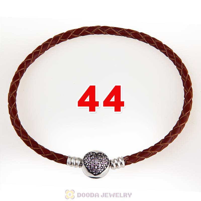 44cm Brown Braided Leather Double Bracelet Silver Love of My Life Clip with Heart Pink CZ Stone