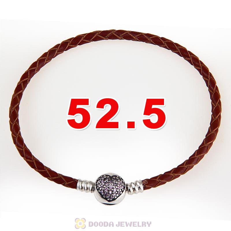52.5cm Brown Braided Leather Triple Bracelet Silver Love of My Life Clip with Heart Pink CZ Stone