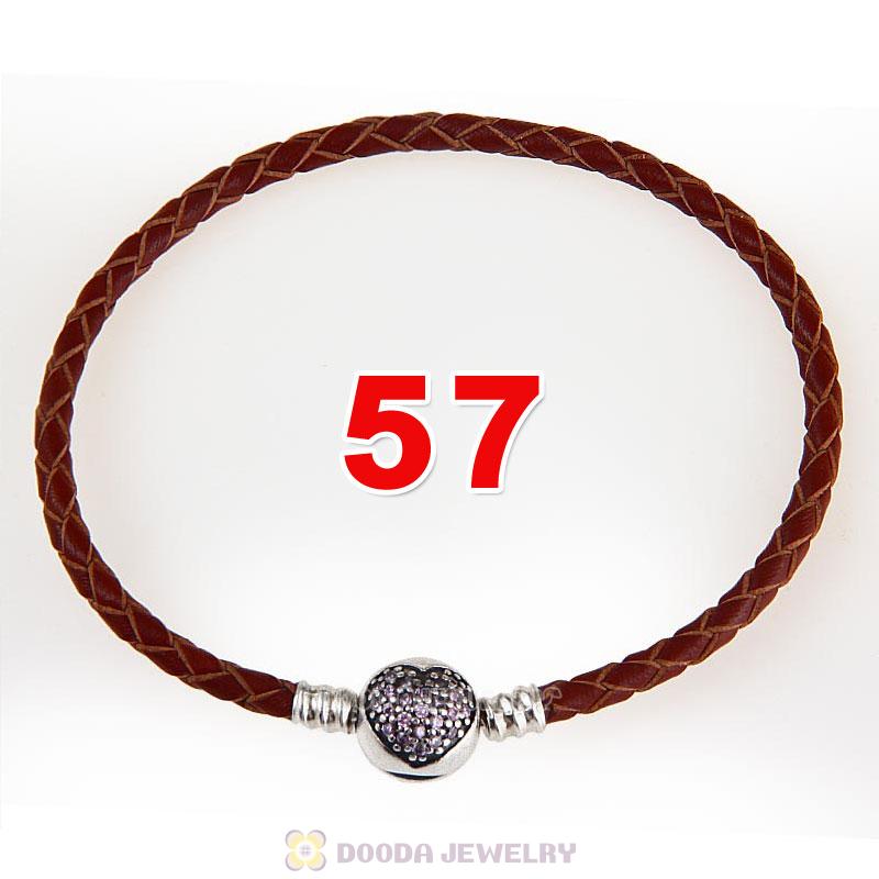 57cm Brown Braided Leather Triple Bracelet Silver Love of My Life Clip with Heart Pink CZ Stone