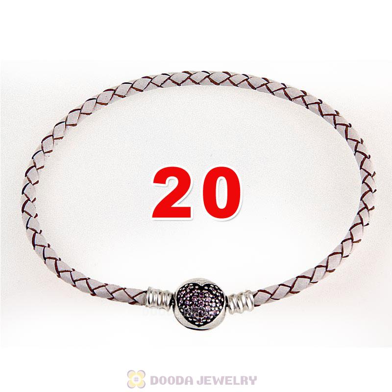 20cm White Braided Leather Bracelet 925 Silver Love of My Life Round Clip with Heart Pink CZ Stone