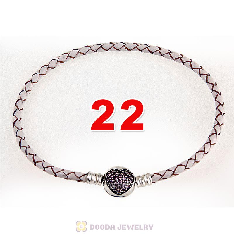 22cm White Braided Leather Bracelet 925 Silver Love of My Life Round Clip with Heart Pink CZ Stone