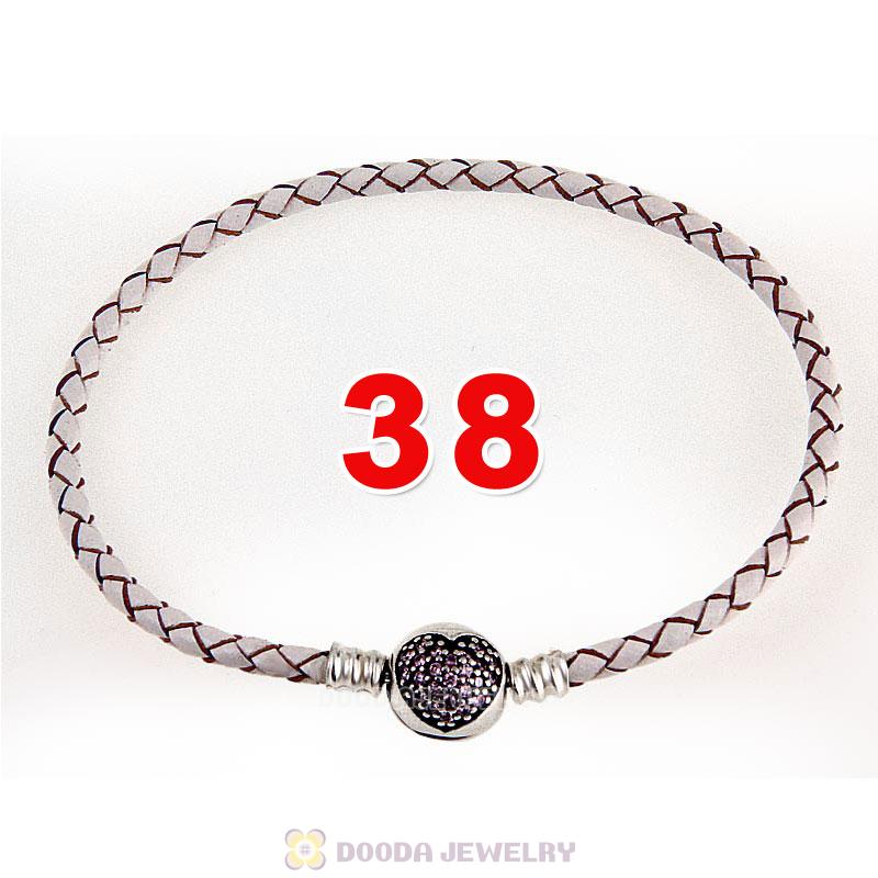 38cm White Braided Leather Double Bracelet Silver Love of My Life Clip with Heart Pink CZ Stone