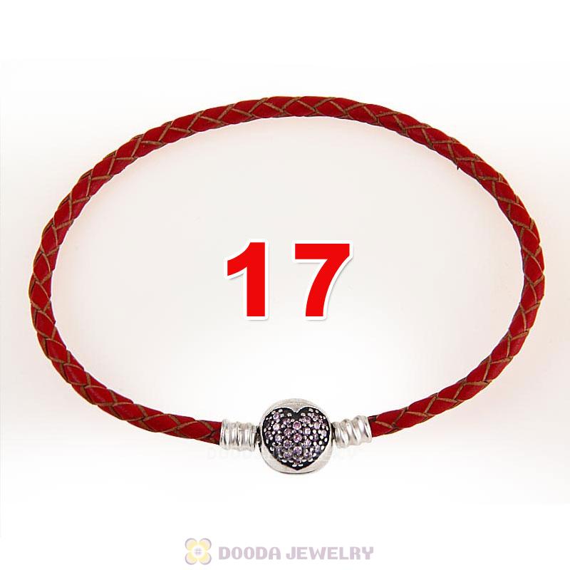 17cm Red Braided Leather Bracelet 925 Silver Love of My Life Round Clip with Heart Pink CZ Stone