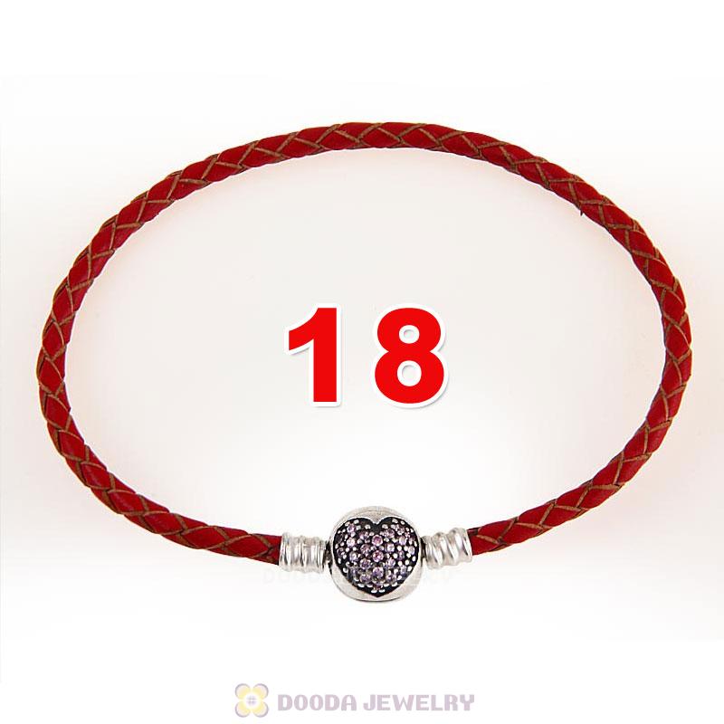 18cm Red Braided Leather Bracelet 925 Silver Love of My Life Round Clip with Heart Pink CZ Stone