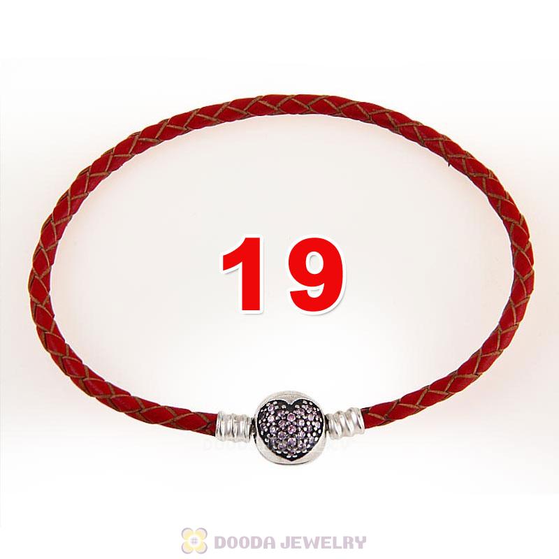 19cm Red Braided Leather Bracelet 925 Silver Love of My Life Round Clip with Heart Pink CZ Stone